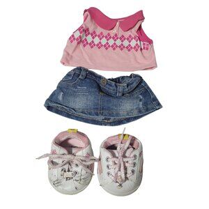 Build a Bear Outfit Pink Argyle Polo Denim Skirt Pink White Skechers Sneakers BA